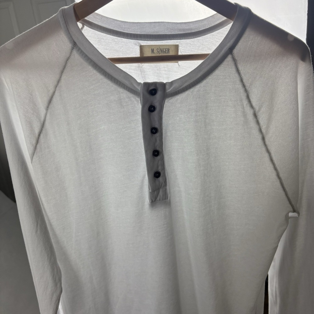 M. Singer Henley Shirt Men’s Medium White Long Sleeve Made In USA Thin Casual